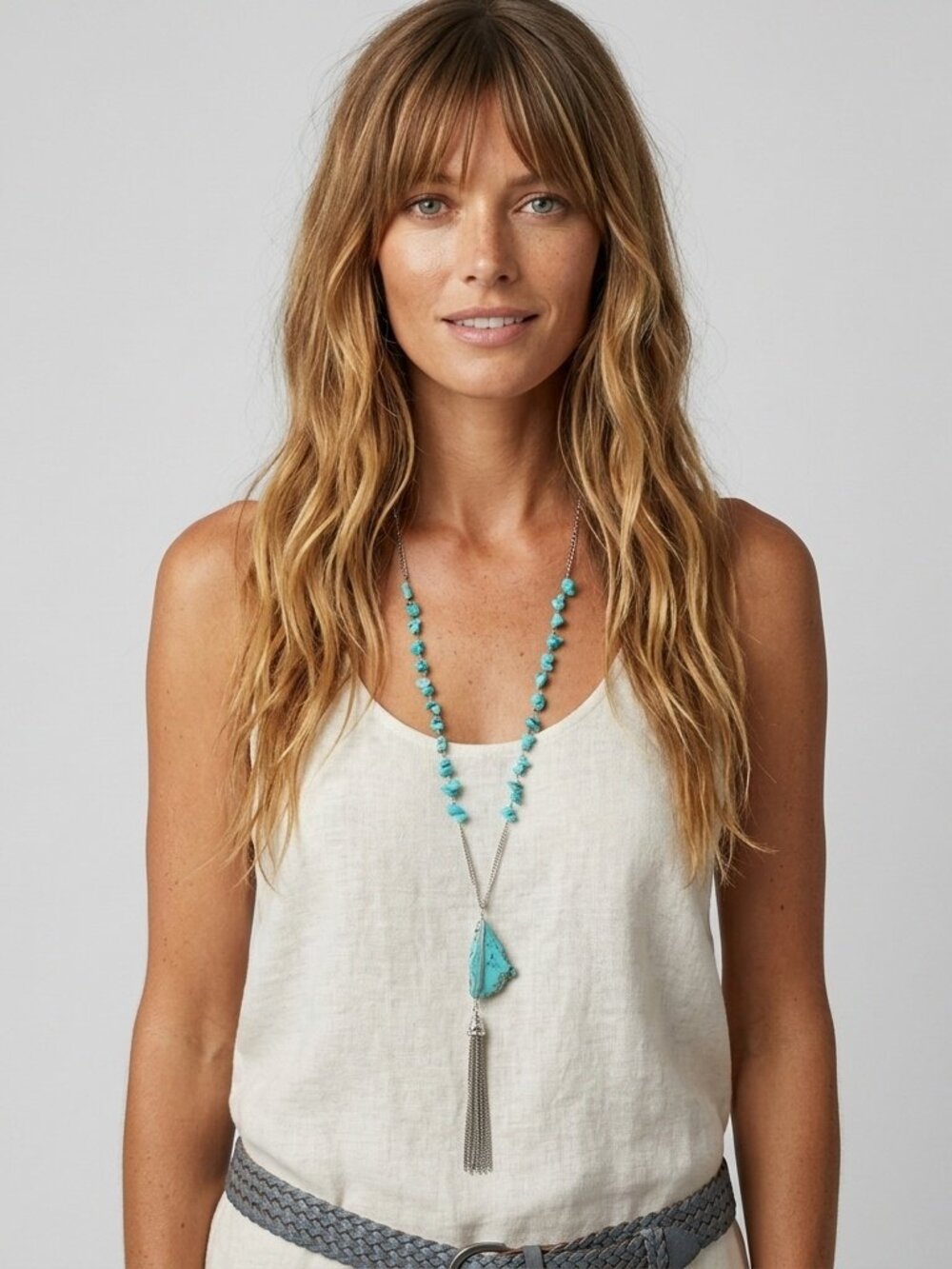 Long Blue Aqua Turquoise Sterling Silver Chunky Statement Necklace